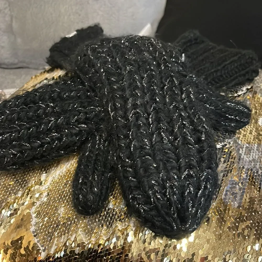 Juicy couturw black silver knit sherpa fleece lined mittens/gloves bling glam